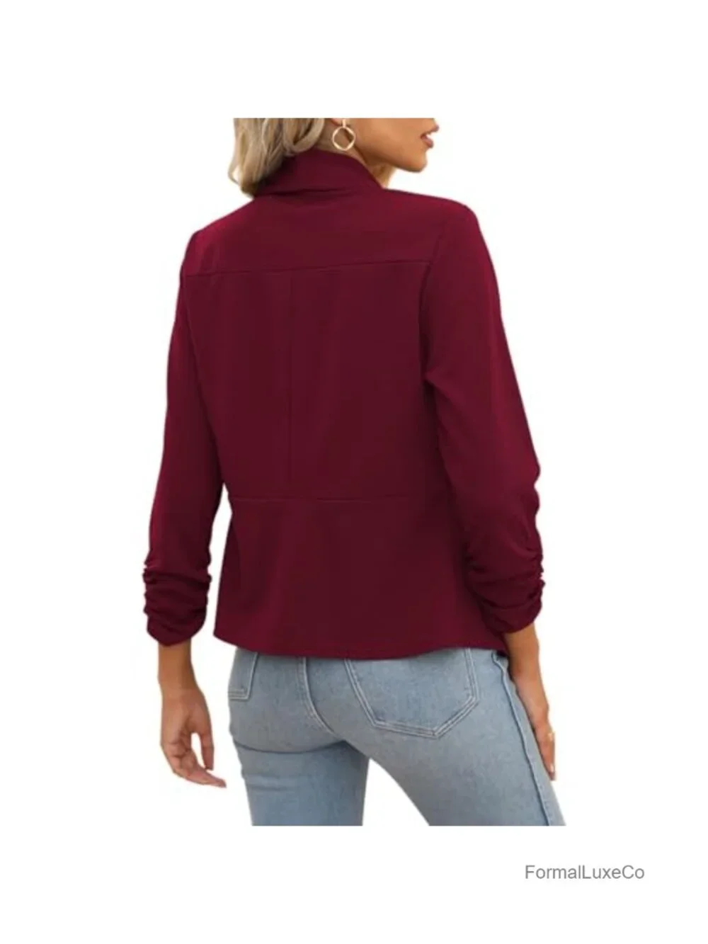 Women's Open Front Blazer 3/4 Ruched Sleeve Business Casual Work Office Jacket